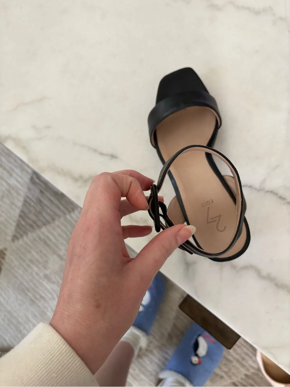 Black Leather Platform Block Heel Sandals